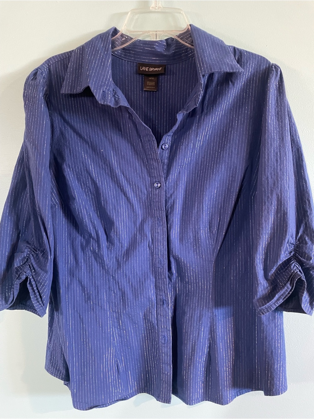 Lane Bryant Navy Blue Pinstripe Button-Down Shirt, Business Casual Blouse
